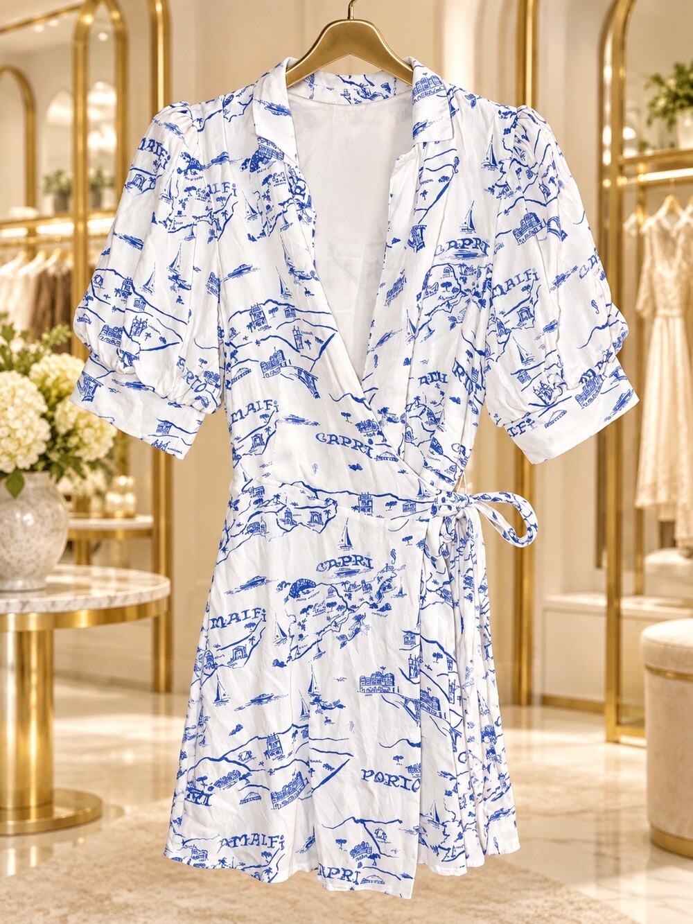 Maeve Anthropologie Amalfi Coast Blue White Wrap Mini Dress Short Sleeve M